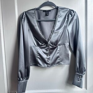 Forever 21 Teal Satin Button-Up Blouse